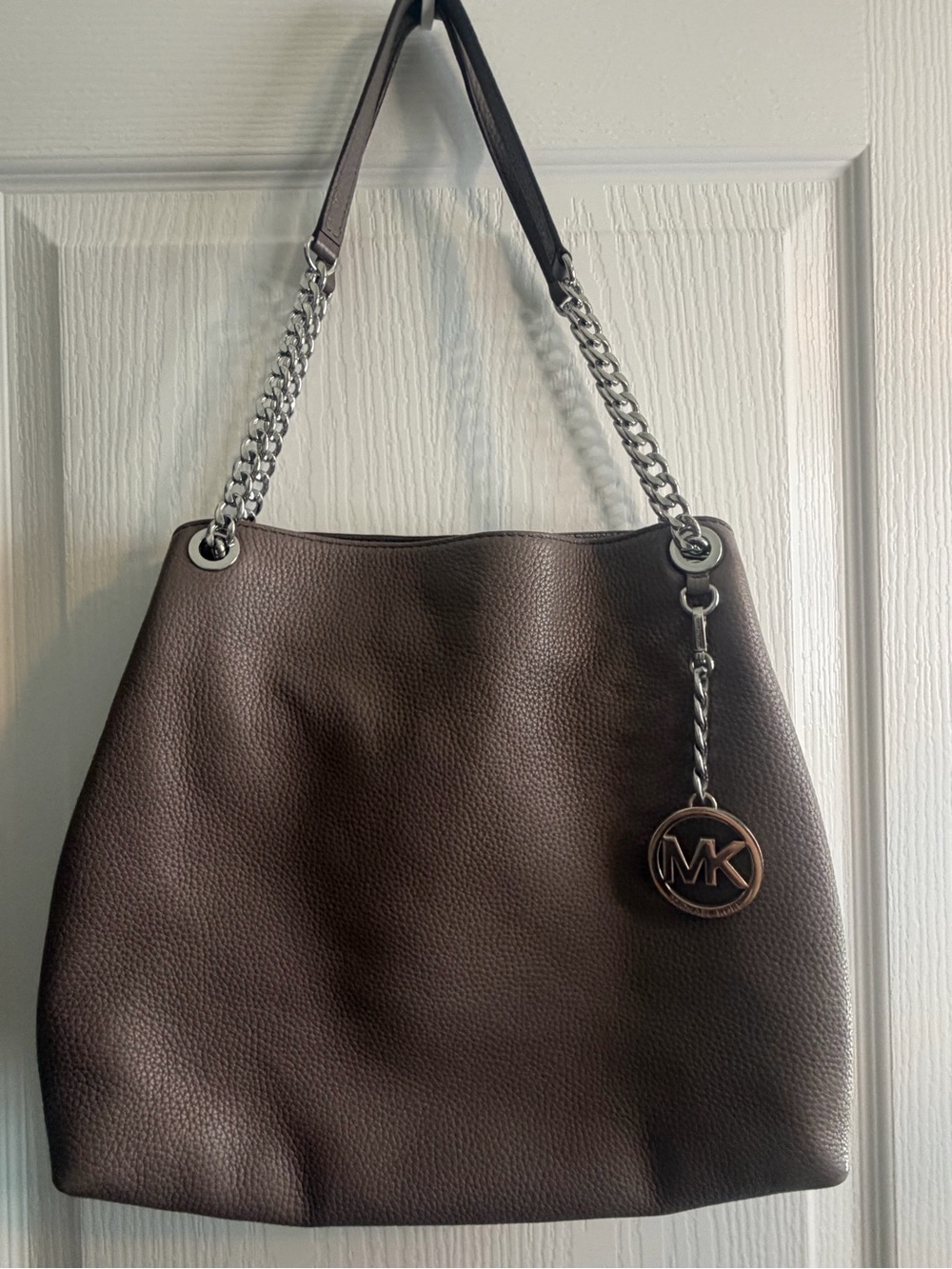 Michael Kors Dark Brown Pebbled Leather Shoulder Bag with Silver Chain